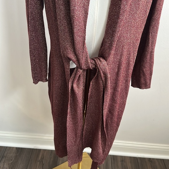 IMAN‎ Womens Open Front Long Casual Chic Cardigan Duster Shimmer Gold Burgundy M - Picture 4 of 8